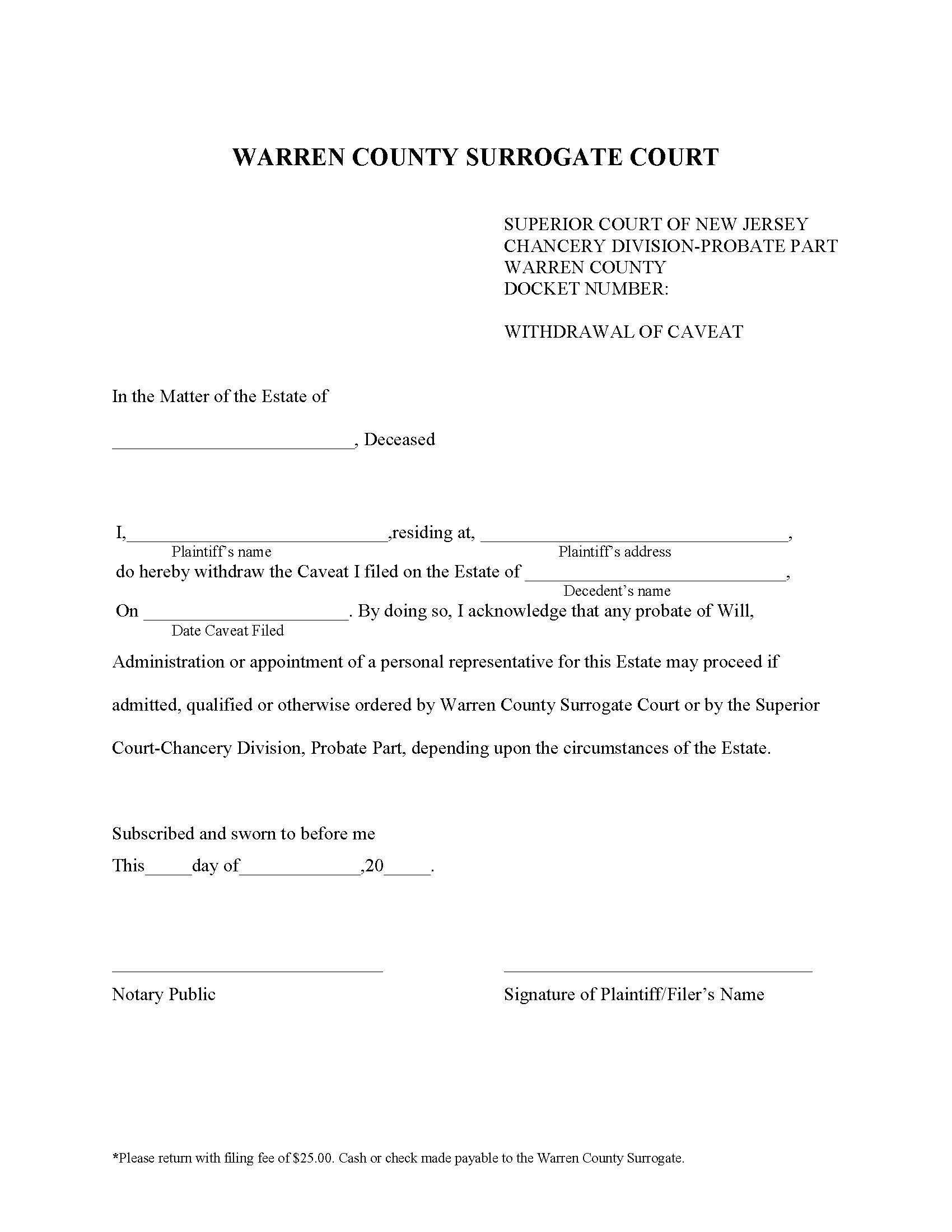 Withdrawal Of Caveat | Pdf Fpdf Docx | New Jersey