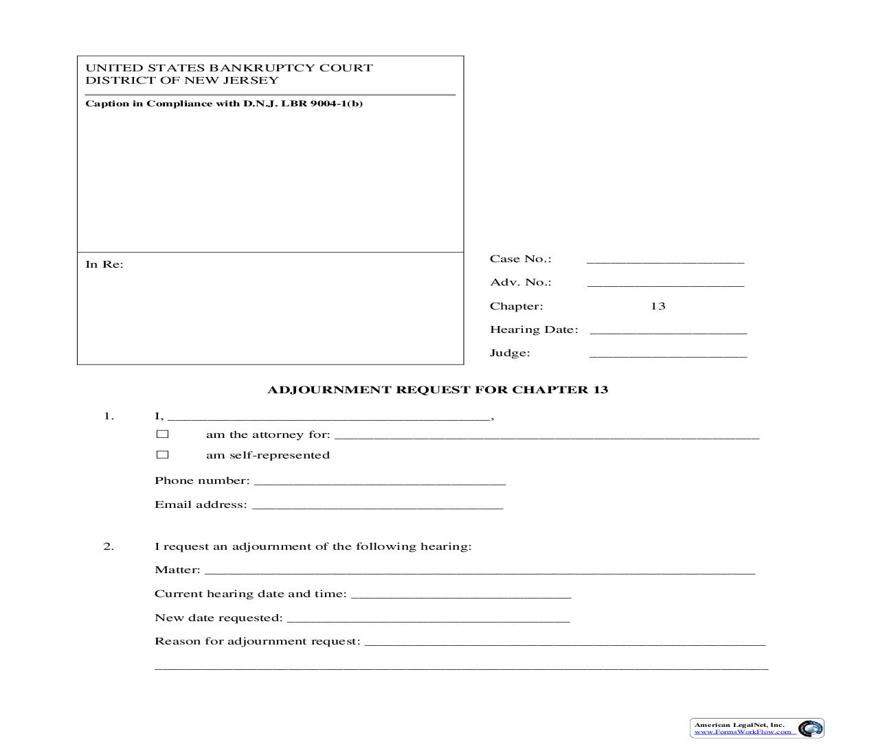 Adjournment Request For Chapter 13 | Pdf Fpdf Doc Docx | New Jersey
