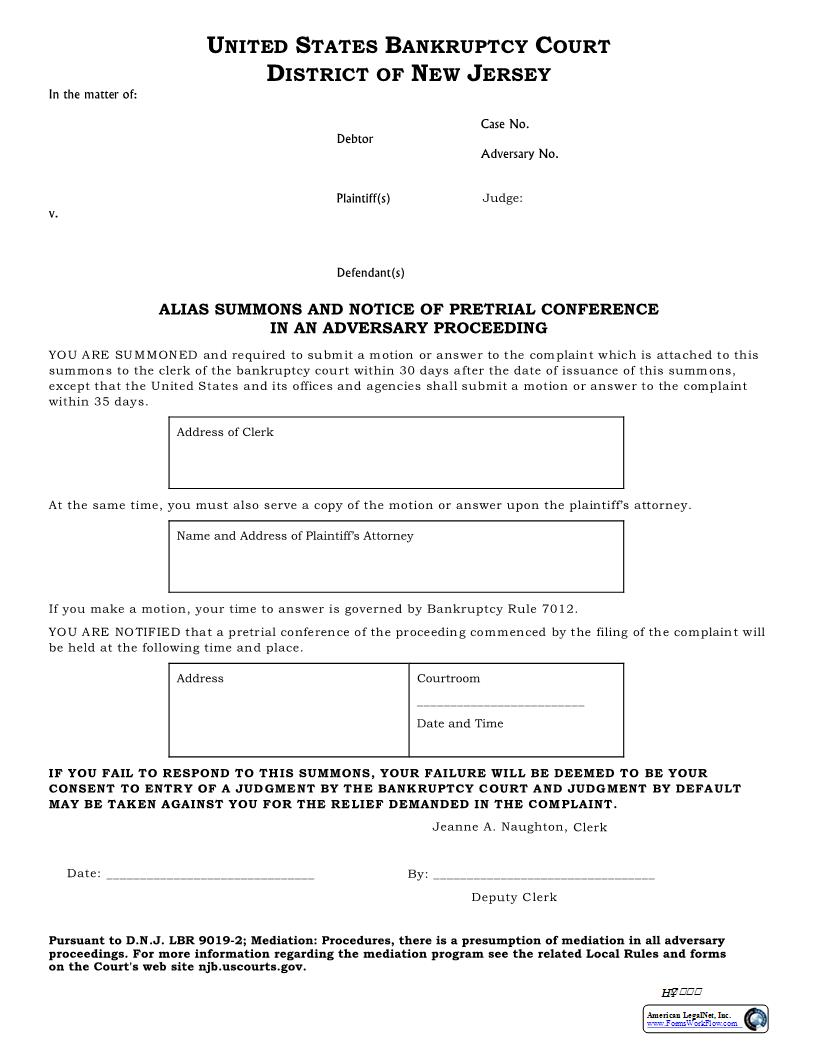 Alias Summons And Notice Of Pretrial Conference In Adversary Proceeding {NJB ASNPC-AP} | Pdf Fpdf Docx | New Jersey