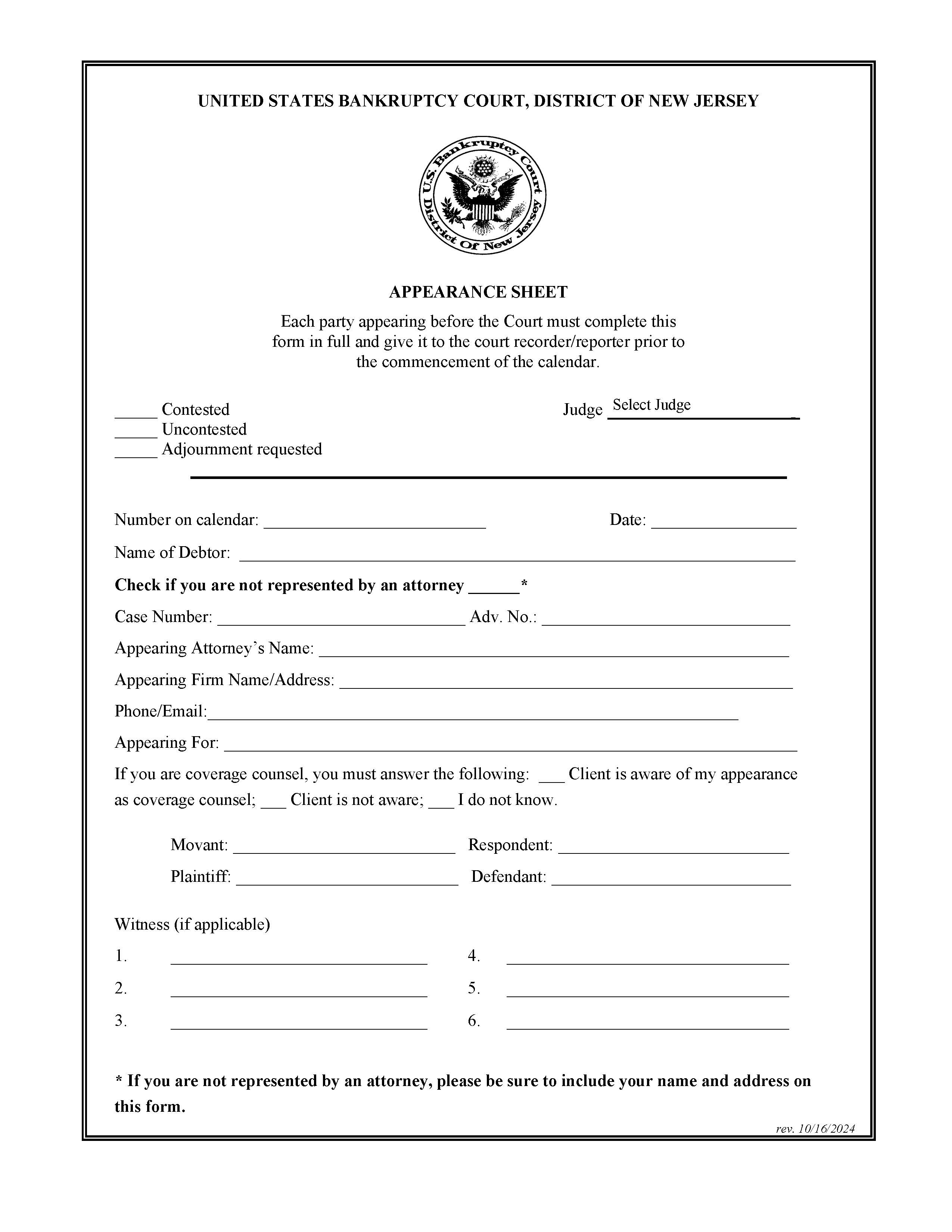 Appearance Sheet {NJB AS} | Pdf Fpdf Doc Docx | New Jersey