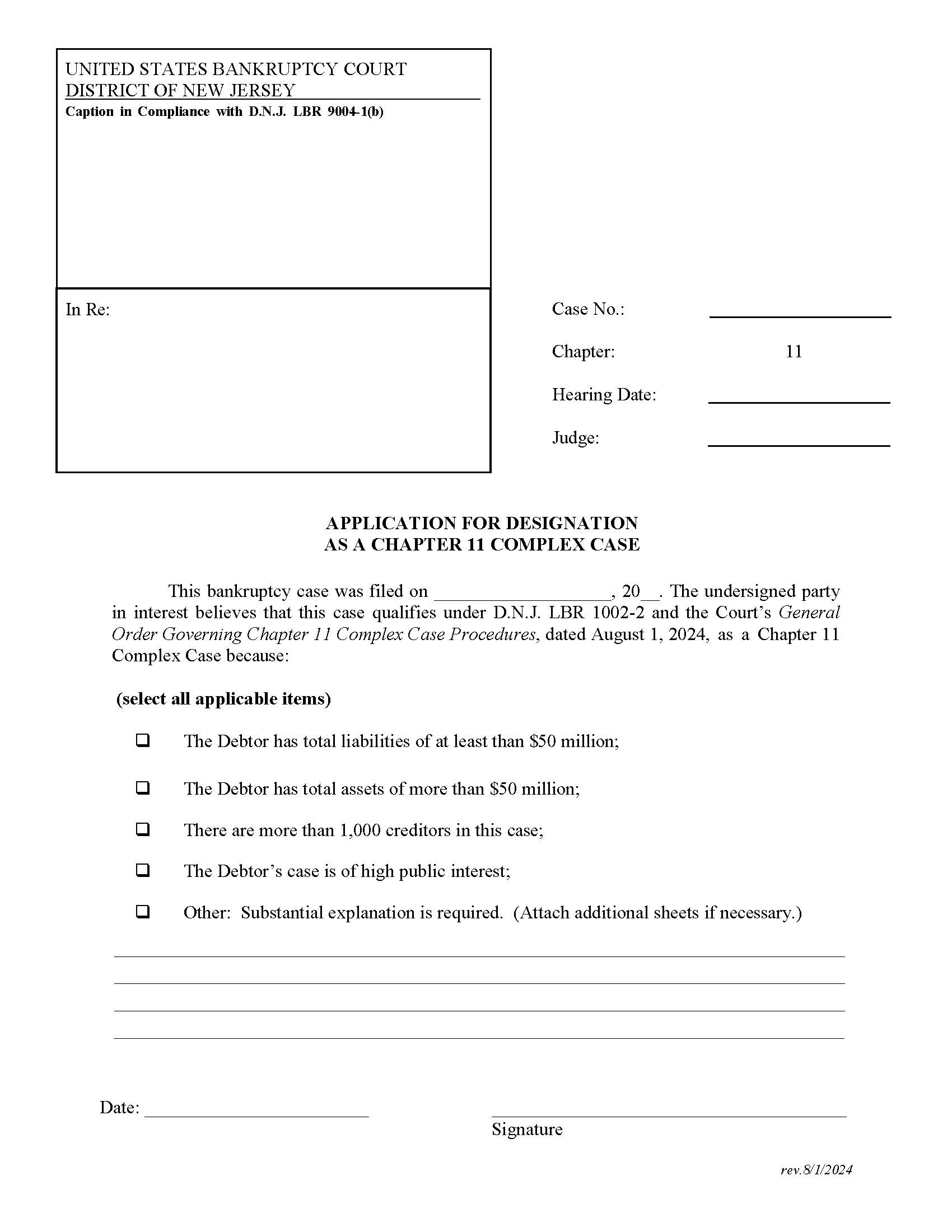 Application For Designation As Complex Chapter 11 Case | Pdf Fpdf Doc Docx | New Jersey