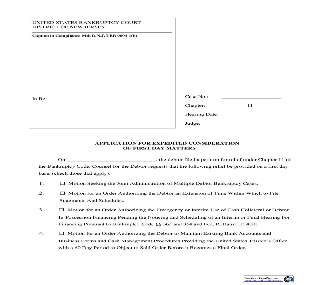 Application For Expedited Consideration Of First Day Matters {NJB AEC} | Pdf Fpdf Doc Docx | New Jersey