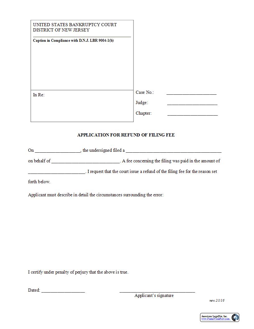 Application For Refund Of Filing Fee {NJB ARFF} | Pdf Fpdf Docx | New Jersey