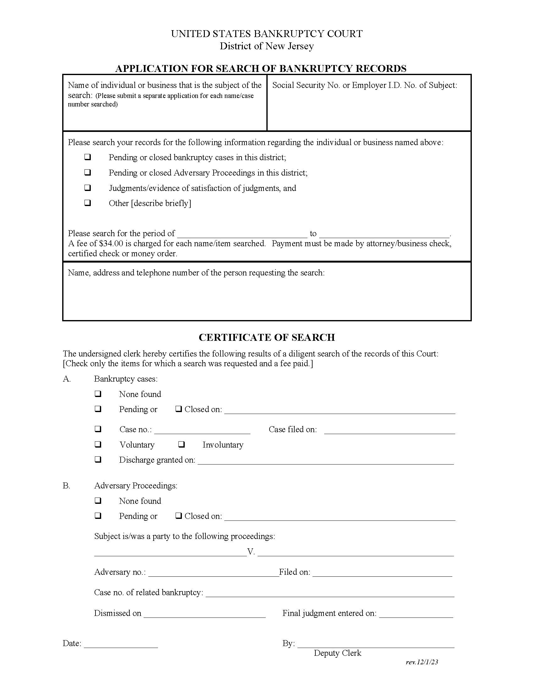 Application For Search Of Bankruptcy Records {NJB ASBR} | Pdf Fpdf Docx | New Jersey
