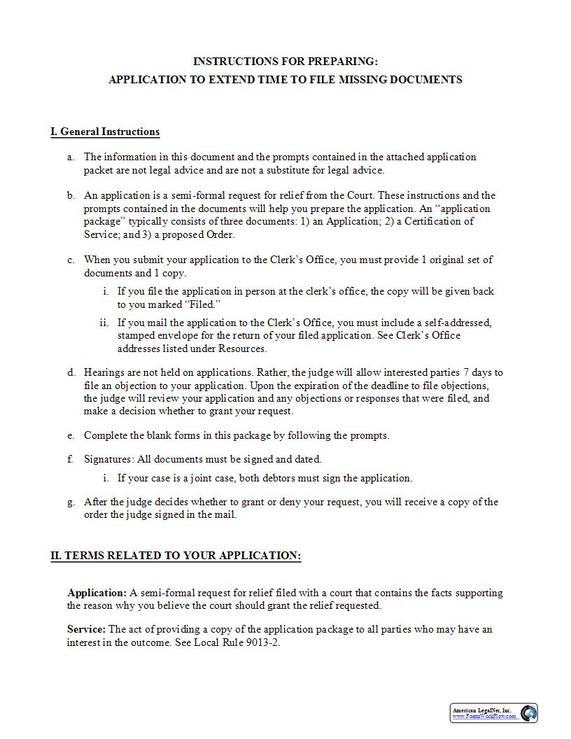 Application To Extend Time To File Missing Documents And Order {NJB AETFMD} | Pdf Fpdf Docx | New Jersey