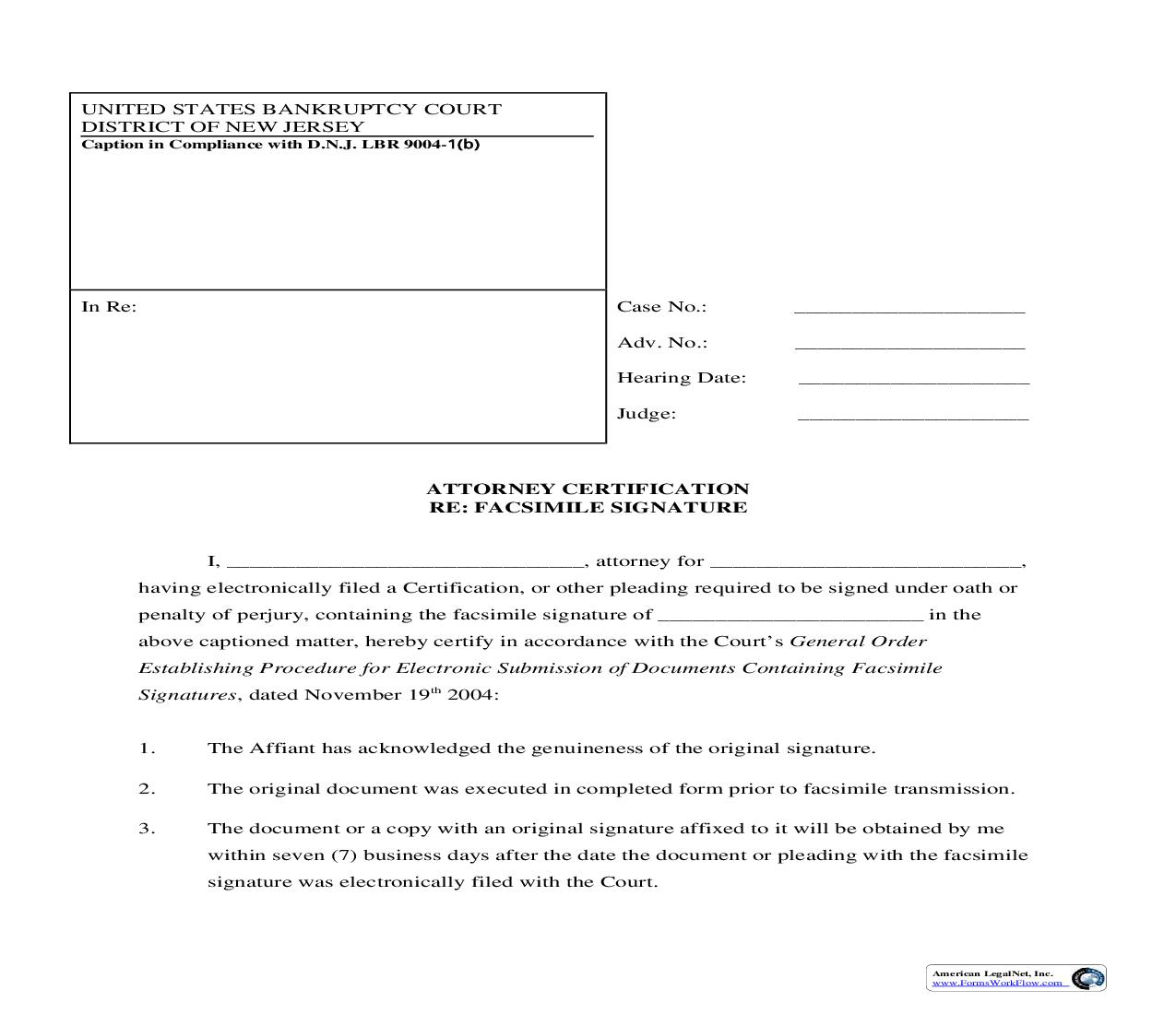 Attorney Certification Re Facsimile Signature | Pdf Fpdf Doc Docx | New Jersey