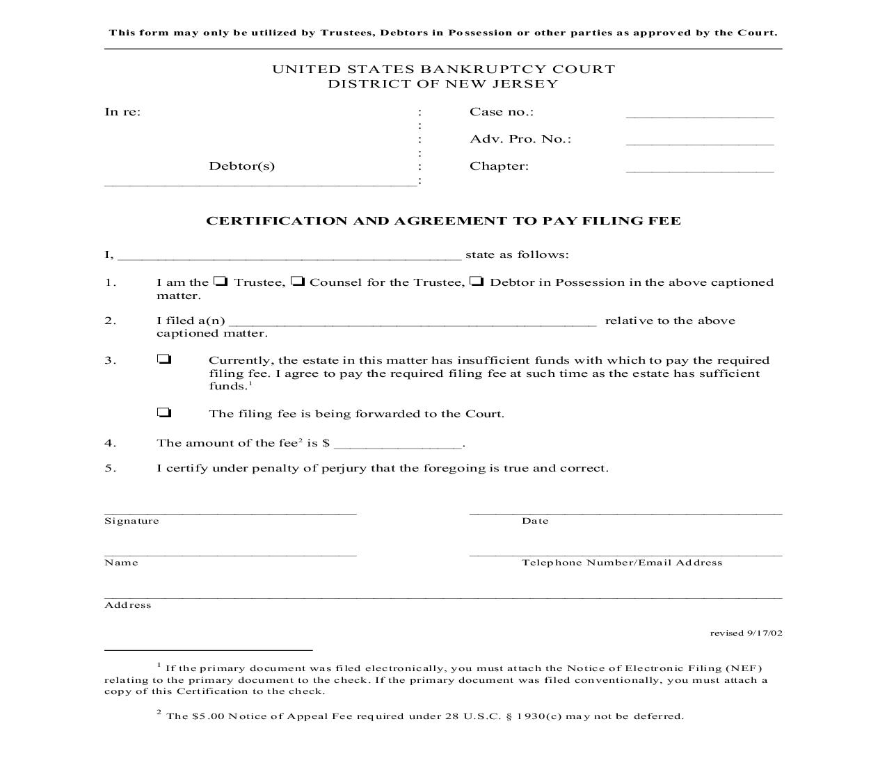 Certification And Agreement To Pay Filing Fee | Pdf Fpdf Doc Docx | New Jersey