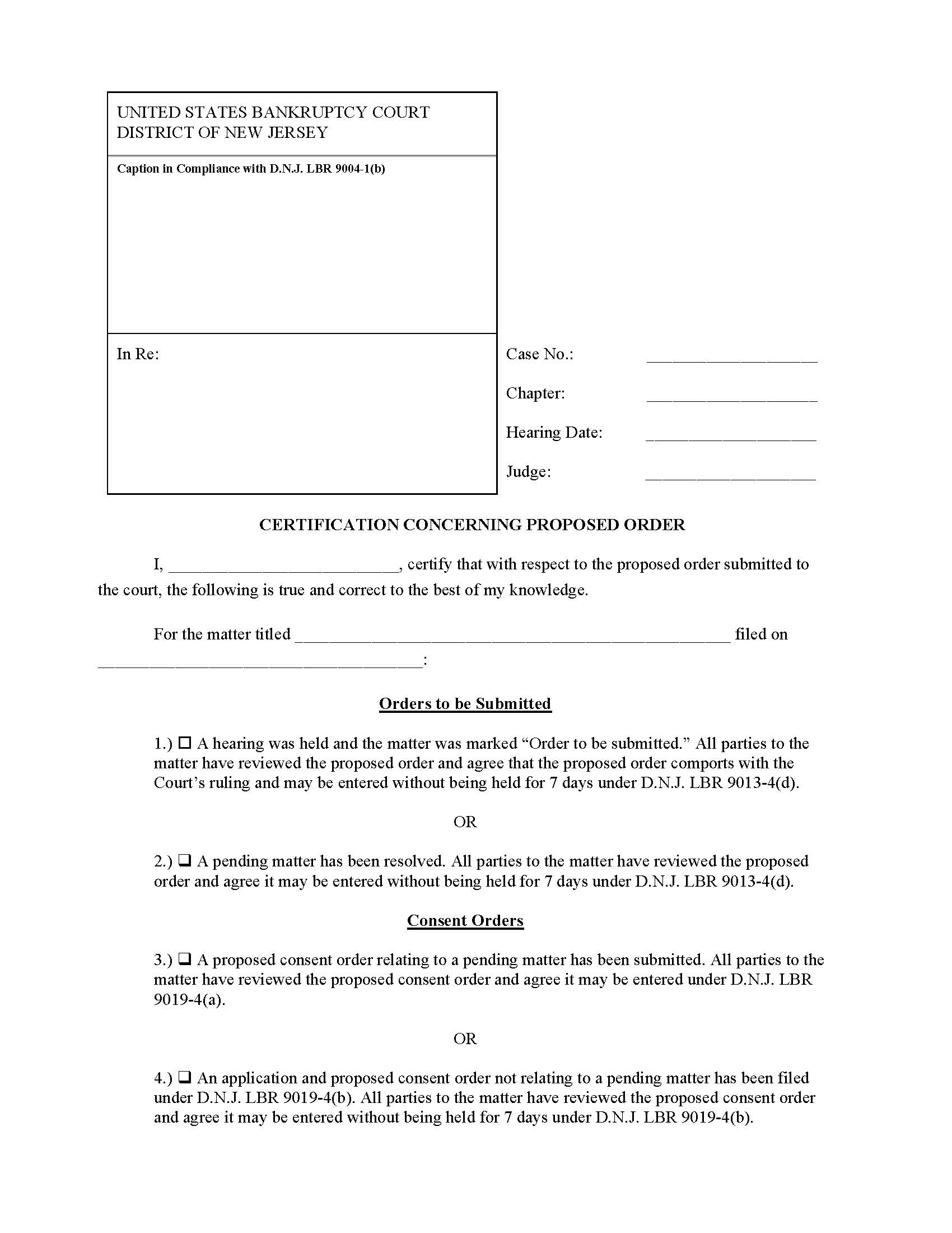 Certification Concerning Proposed Order | Pdf Fpdf Doc Docx | New Jersey