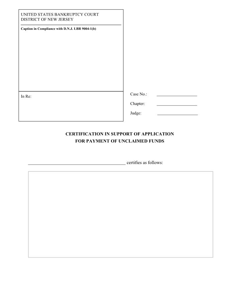 Certification In Support Of Application For Payment Of Unclaimed Funds{NJB CSPUF} | Pdf Fpdf Docx | New Jersey