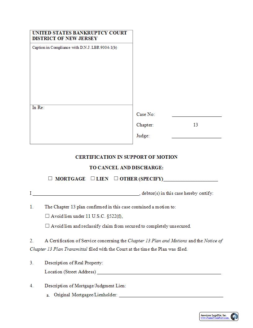 Certification In Support Of Motion To Cancel And Discharge Mortgage Or Lien {NJB CSDML} | Pdf Fpdf Docx | New Jersey