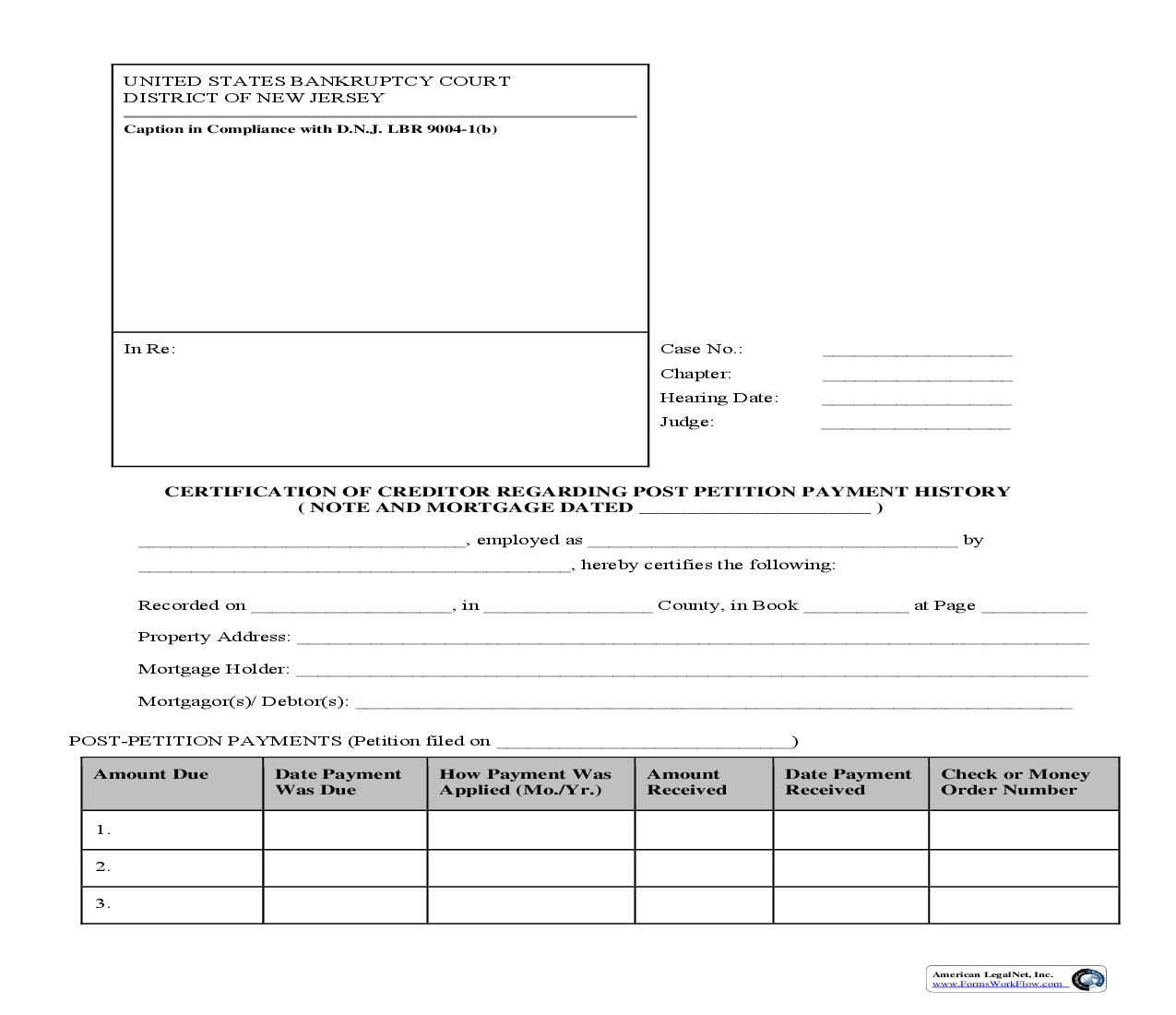 Certification Of Creditor Regarding Post Petition Payment History (Note And Mortgage) {NJB PHNM} | Pdf Fpdf Doc Docx | New Jersey