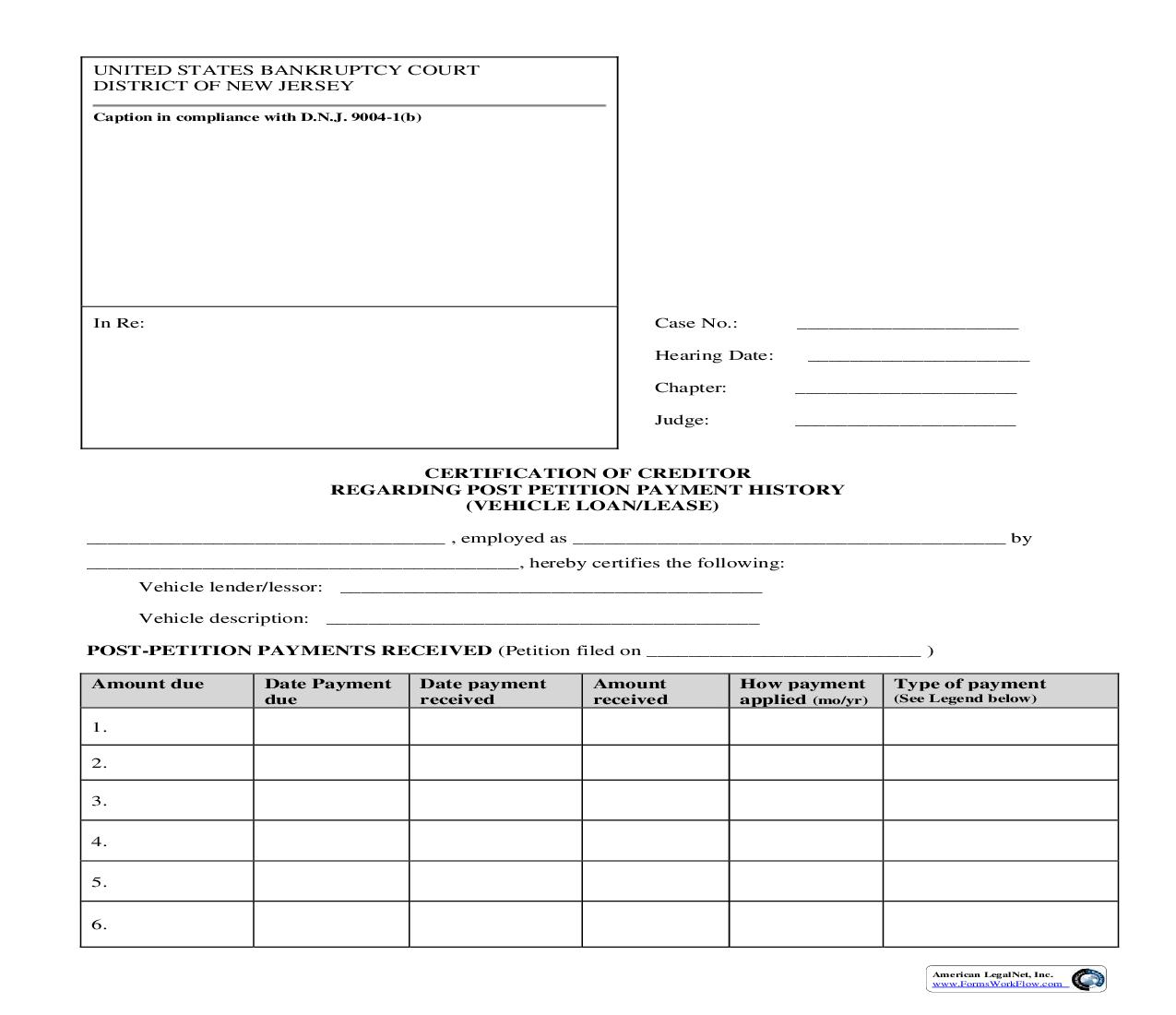 Certification Of Creditor Regarding Post Petition Payment History (Vehicle Loan-Lease) | Pdf Fpdf Doc Docx | New Jersey