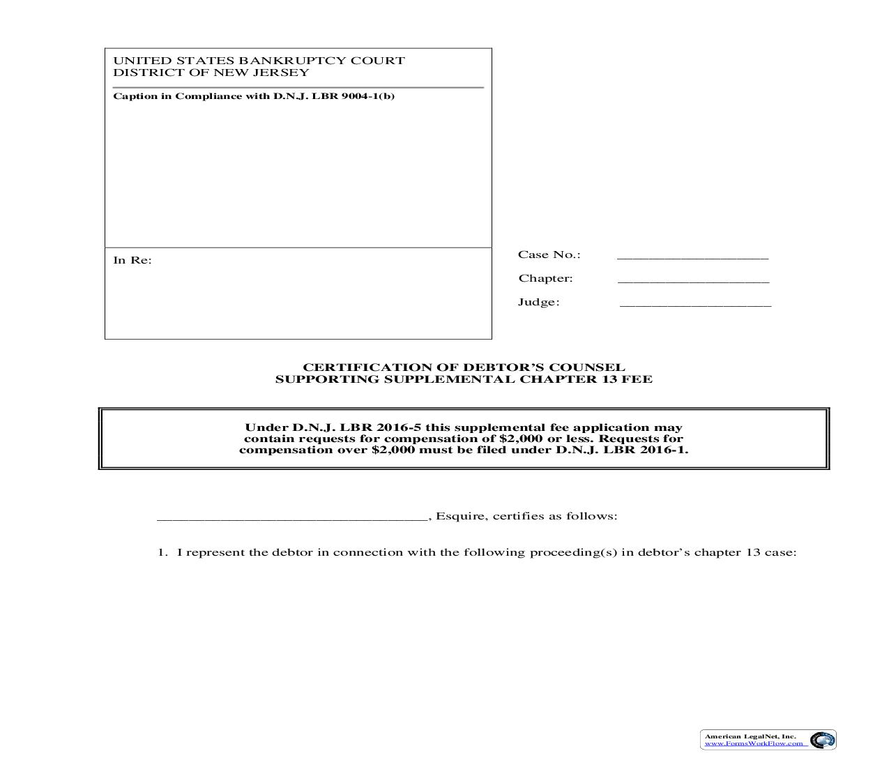 Certification Of Debtors Counsel Supporting Supplemental Chapter 13 Fee | Pdf Fpdf Doc Docx | New Jersey