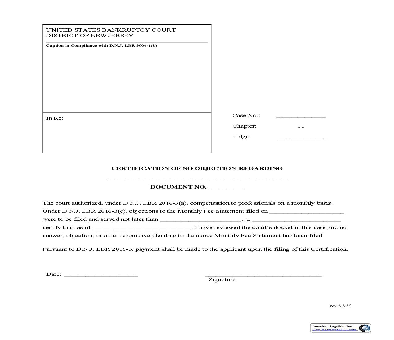 Certification Of No Objection (Chapter 11) | Pdf Fpdf Doc Docx | New Jersey