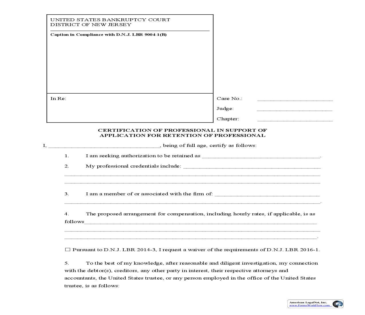 Certification Of Professional In Support Of Application For Retention Of Professional | Pdf Fpdf Doc Docx | New Jersey