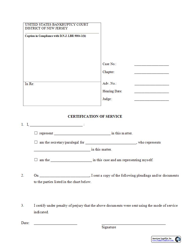 Certification Of Service {NJB CS} | Pdf Fpdf Docx | New Jersey