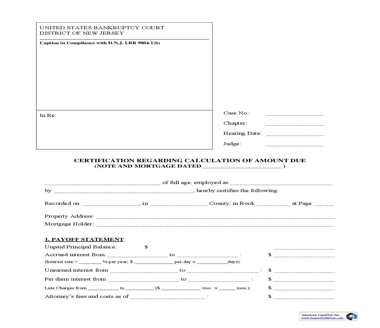Certification Regarding Calculation Of Amount Due | Pdf Fpdf Doc Docx | New Jersey