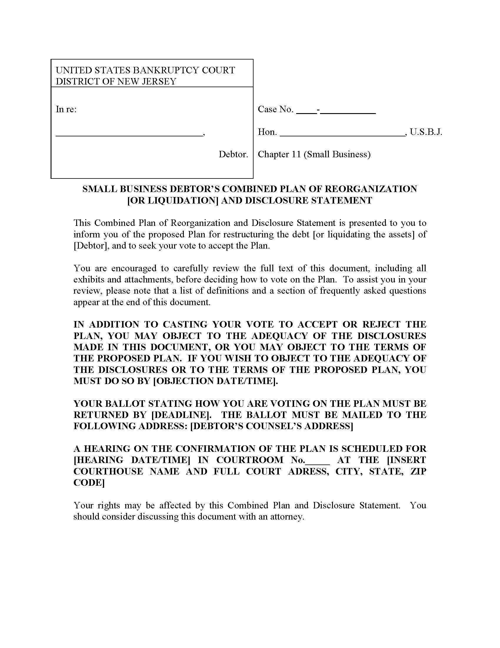 Chapter 11 Small Business Combined Plan And Disclosure Statement {NJB Ch11SBCPDS} | Pdf Fpdf Doc Docx | New Jersey