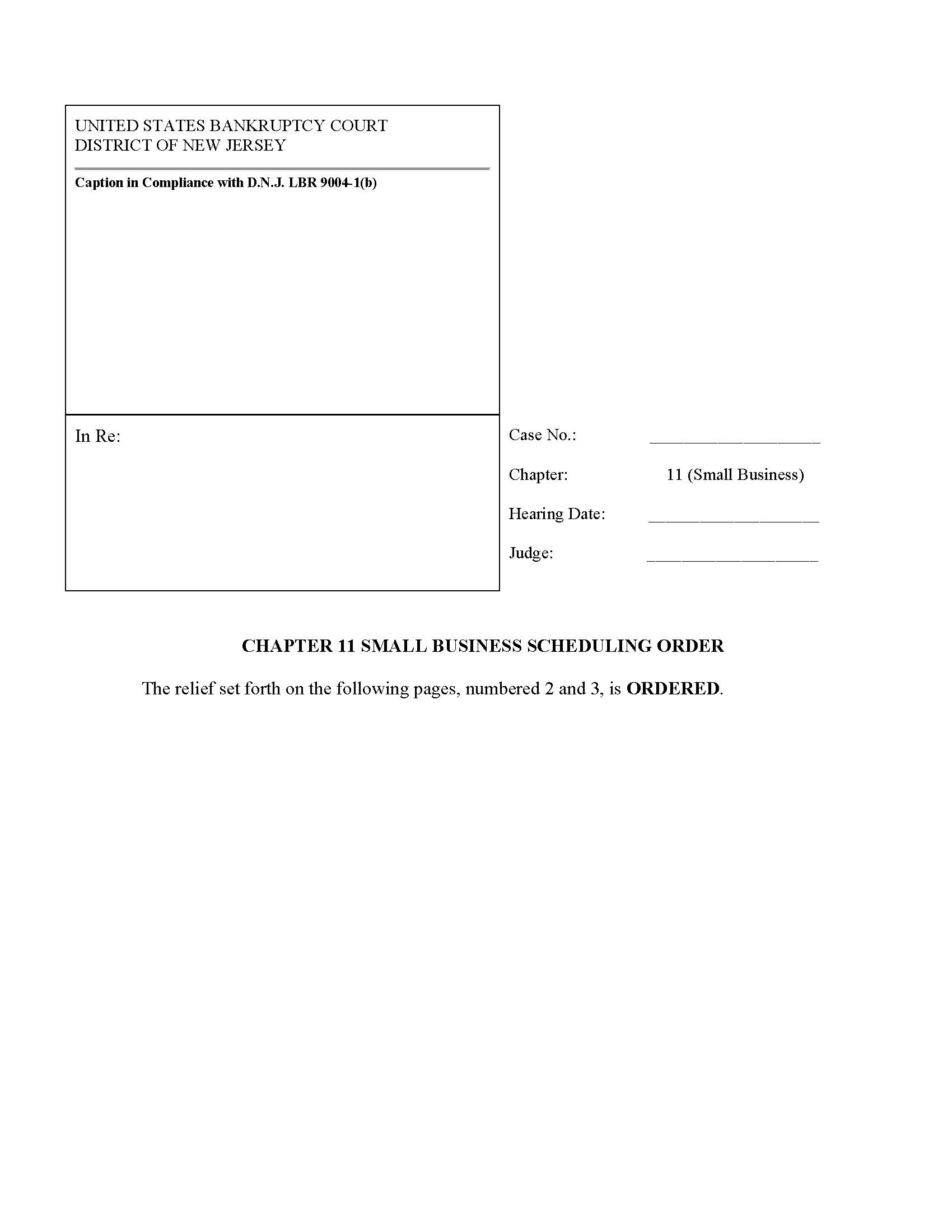 Chapter 11 Small Business Scheduling Order {NJB Ch11SBSO} | Pdf Fpdf Docx | New Jersey