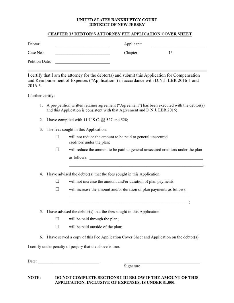 Chapter 13 Debtors Attorney Fee Application Cover Sheet | Pdf Fpdf Docx | New Jersey