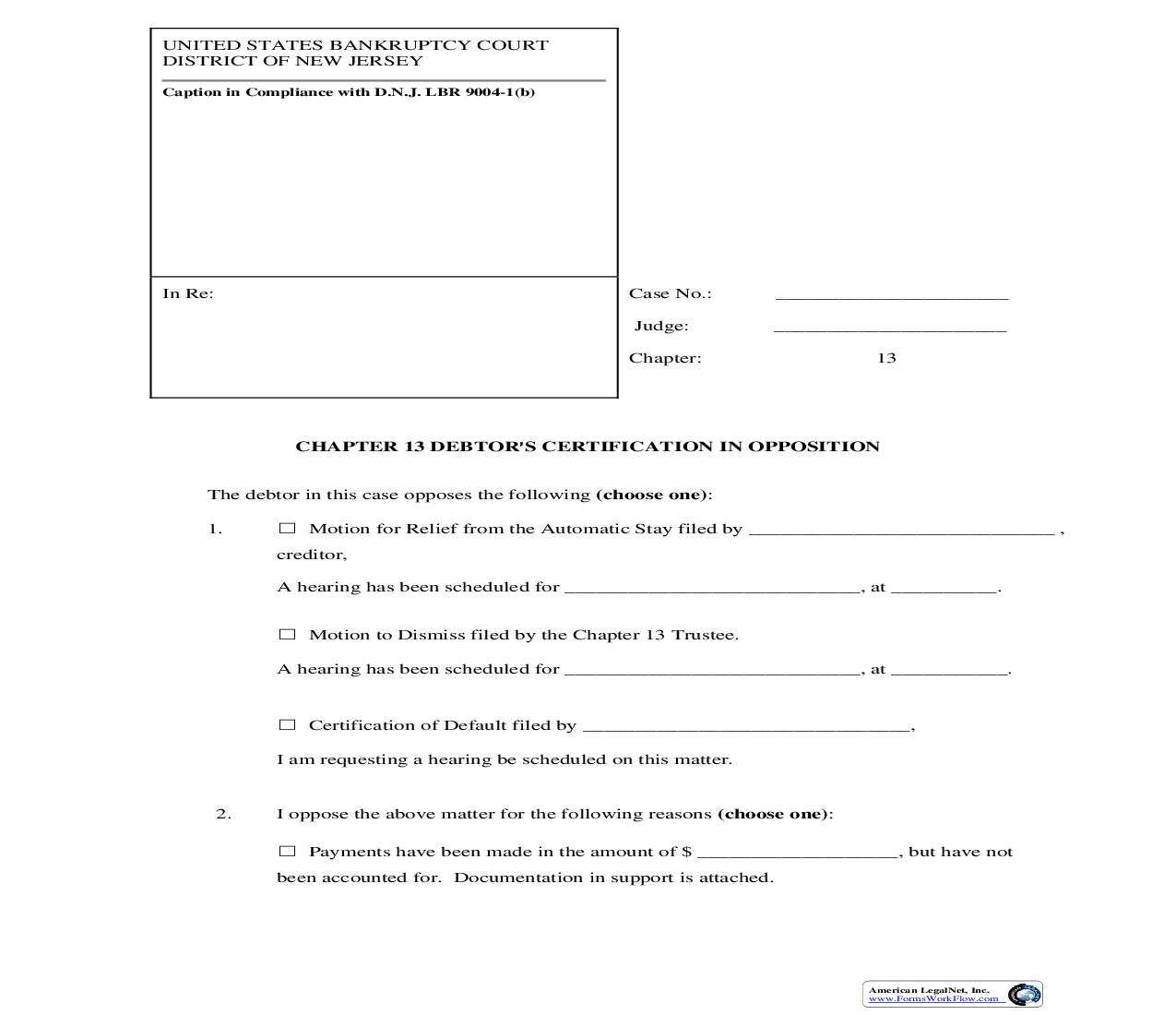 Chapter 13 Debtors Certification In Opposition {NJB DCO} | Pdf Fpdf Doc Docx | New Jersey