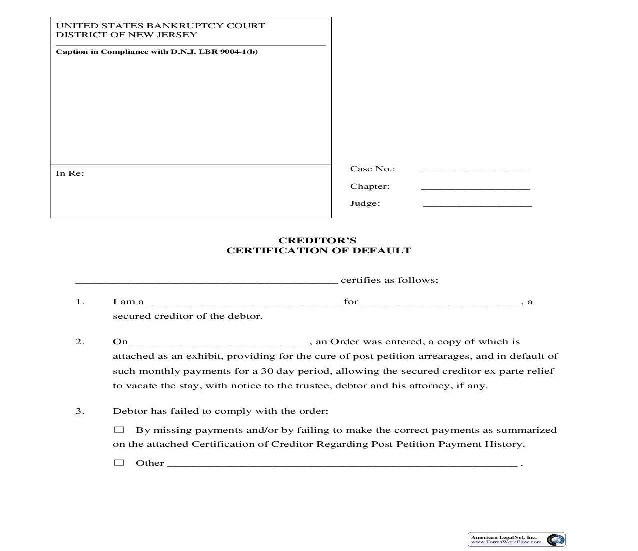 Creditors Certification Of Default | Pdf Fpdf Doc Docx | New Jersey