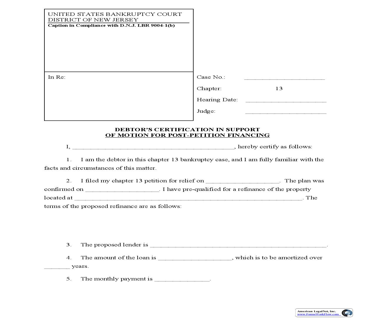 Debtors Certification In Support Of Motion For Post-Petition Financing | Pdf Fpdf Doc Docx | New Jersey