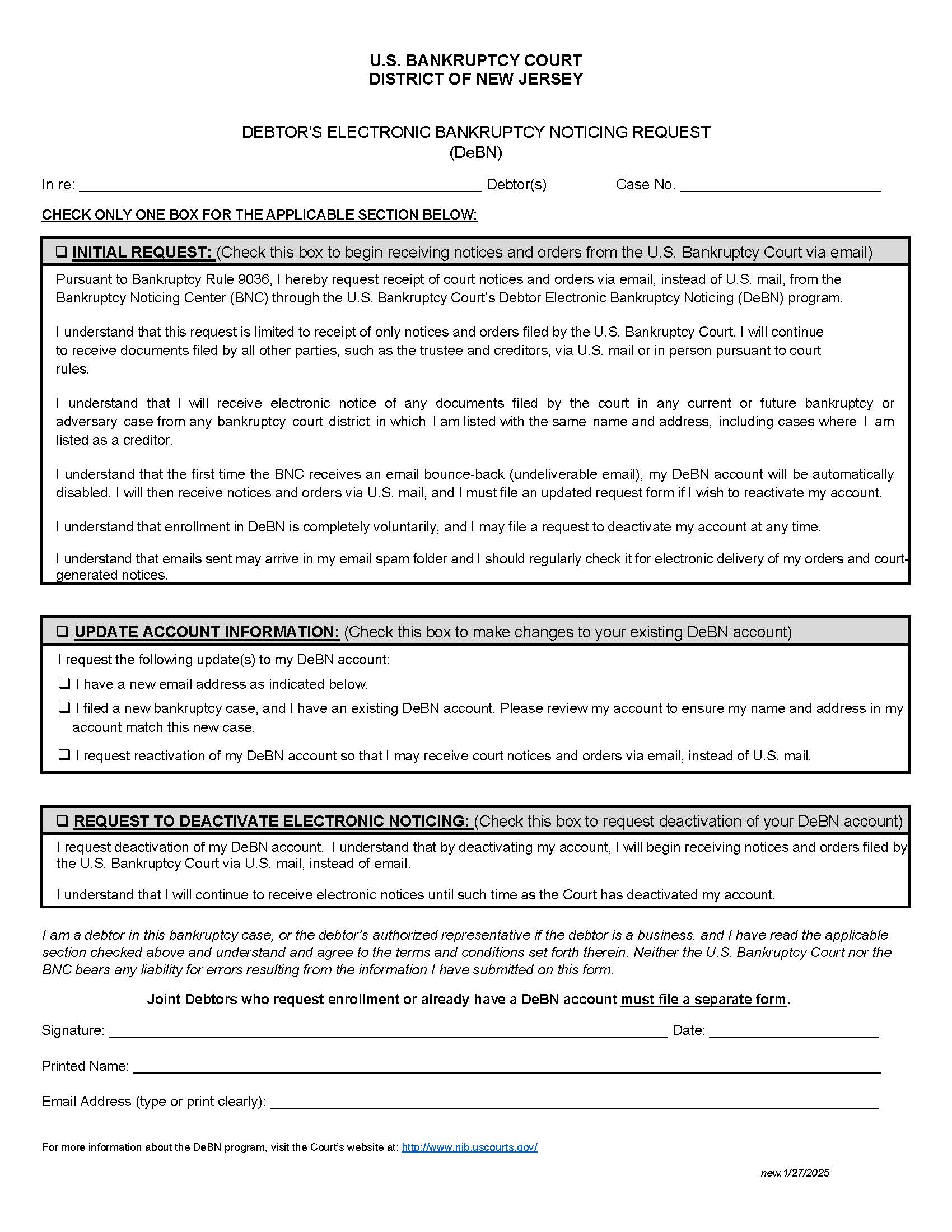 Debtors Electronic Bankruptcy Noticing Request (DeBN) | Pdf Fpdf Docx | New Jersey