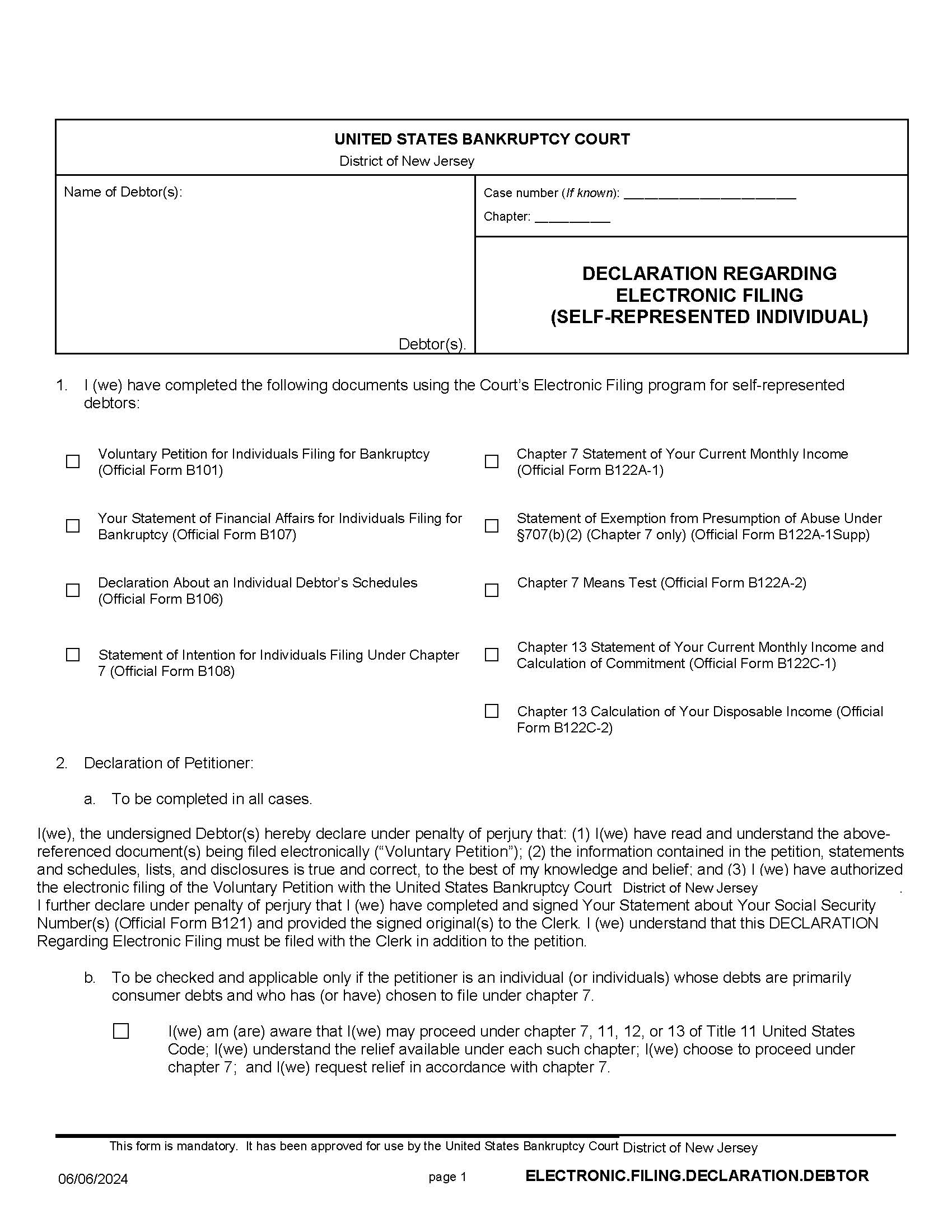 Declaration Regarding Electronic Filing (Self-Represented Individual) | Pdf Fpdf Docx | New Jersey