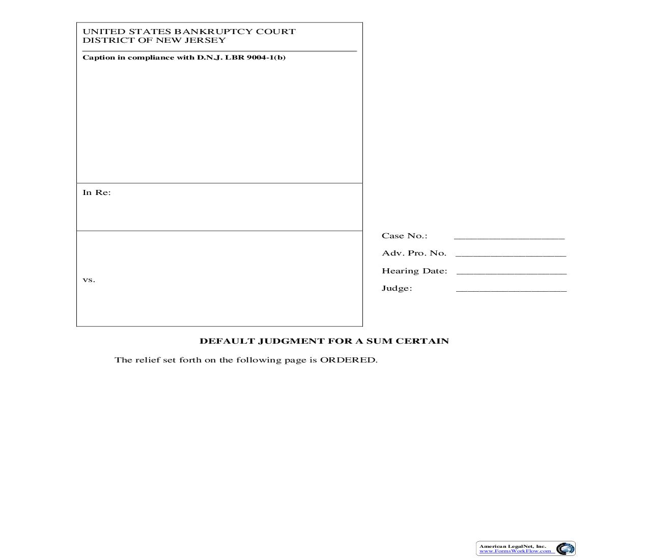 Default Judgment For A Sum Certain | Pdf Fpdf Doc Docx | New Jersey