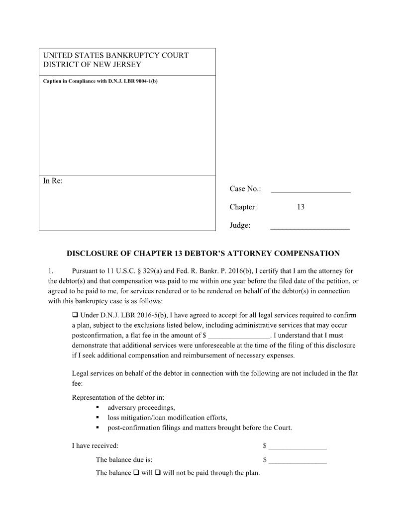 Disclosure Of Chapter 13 Debtors Attorney Compensation {NJB DoCh13DAC} | Pdf Fpdf Docx | New Jersey