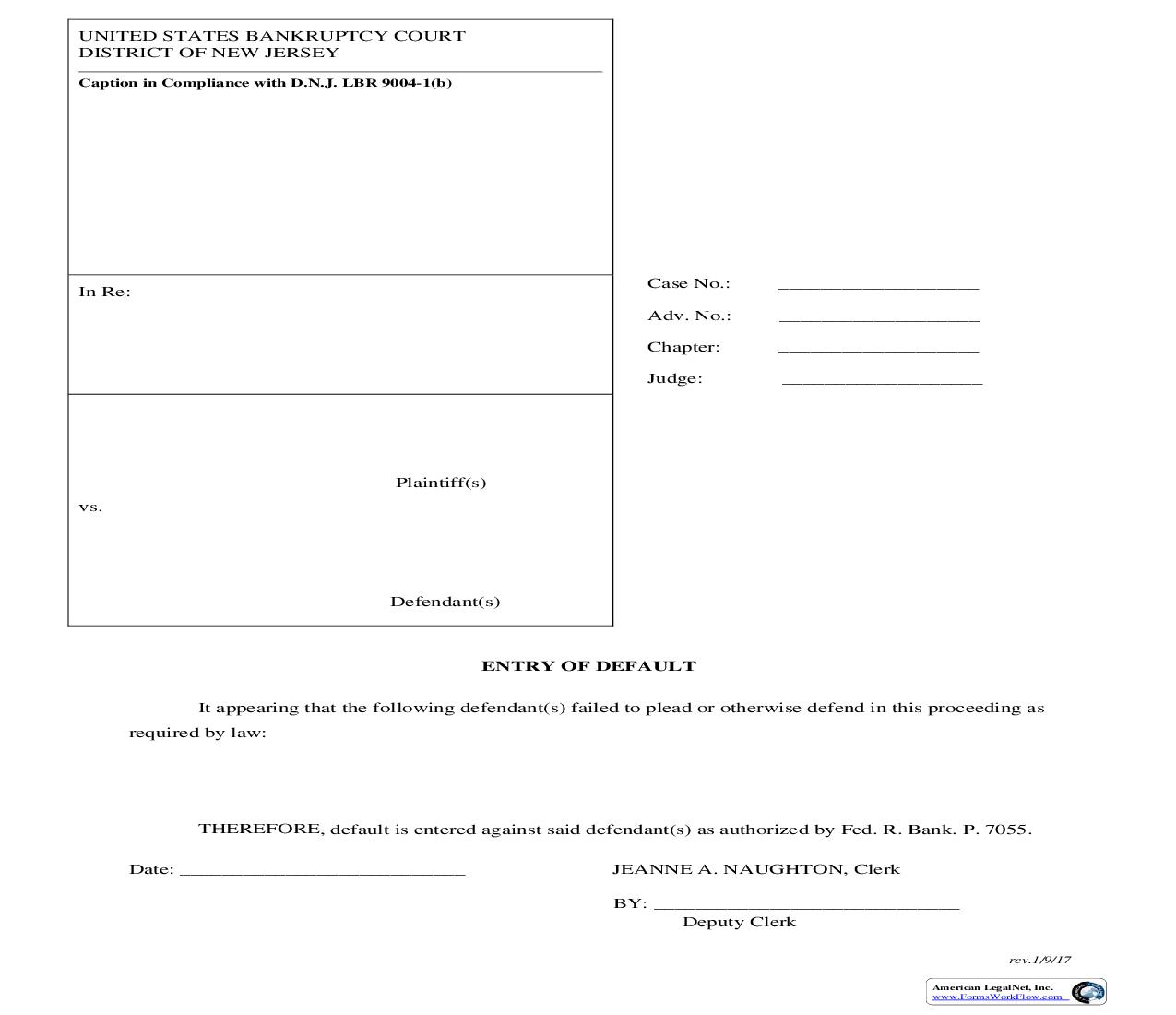 Entry Of Default {NJB ENDEF} | Pdf Fpdf Doc Docx | New Jersey