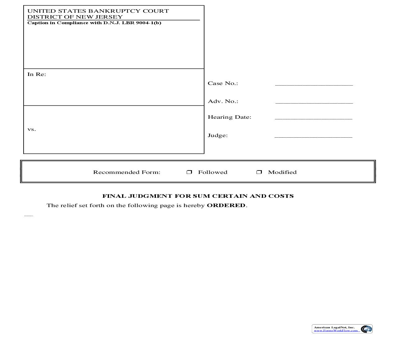 Final Judgment for Sum Certain And Costs | Pdf Fpdf Doc Docx | New Jersey