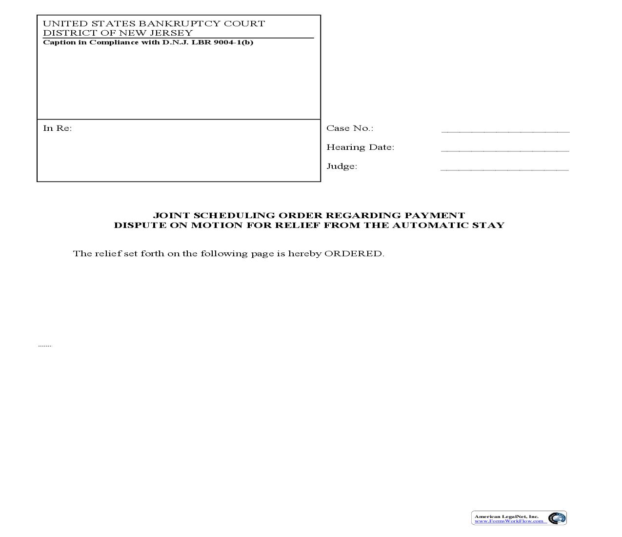 Joint Scheduling Order Regarding Payment Dispute On Motion For Relief From Automatic Stay | Pdf Fpdf Doc Docx | New Jersey