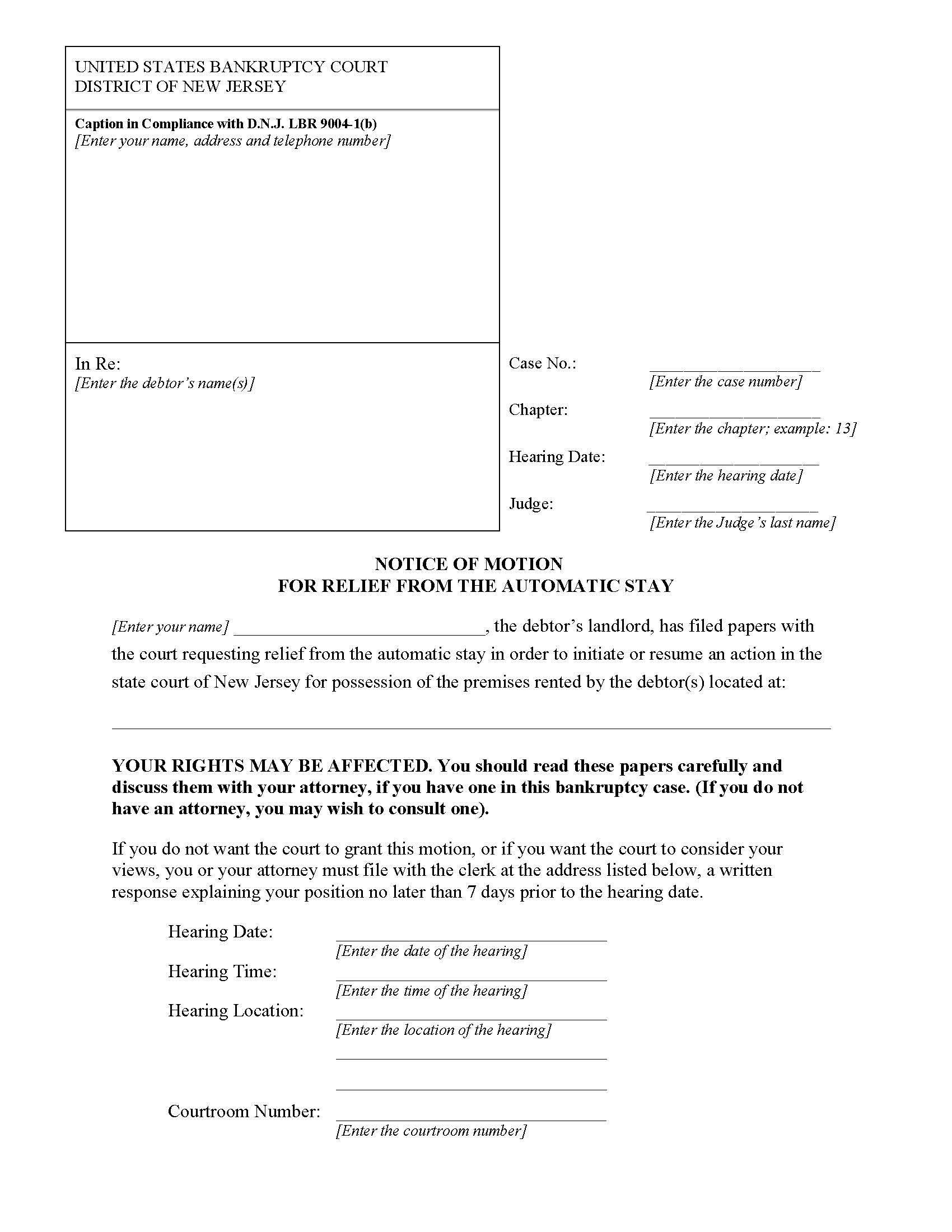 Landlords Motion For Relief From Automatic Stay (Packet) | Pdf Fpdf Docx | New Jersey