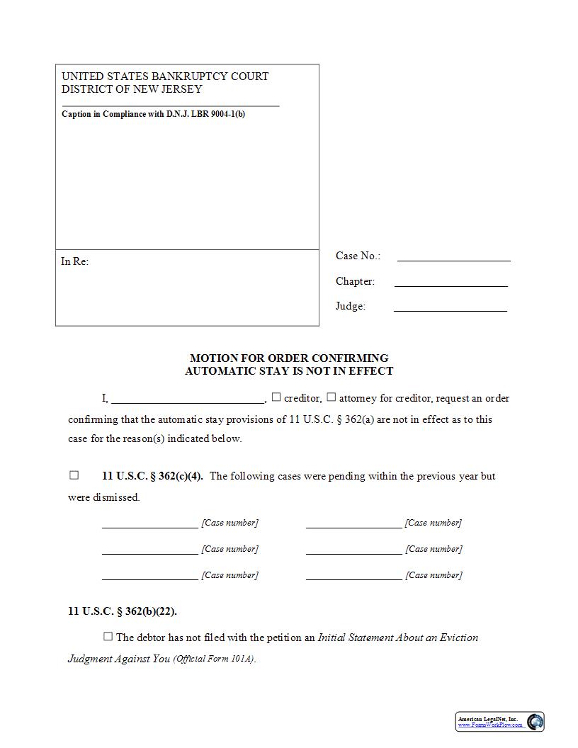 Motion For Order Confirming Automatic Stay Not In Effect {NJB MOCASNE} | Pdf Fpdf Docx | New Jersey