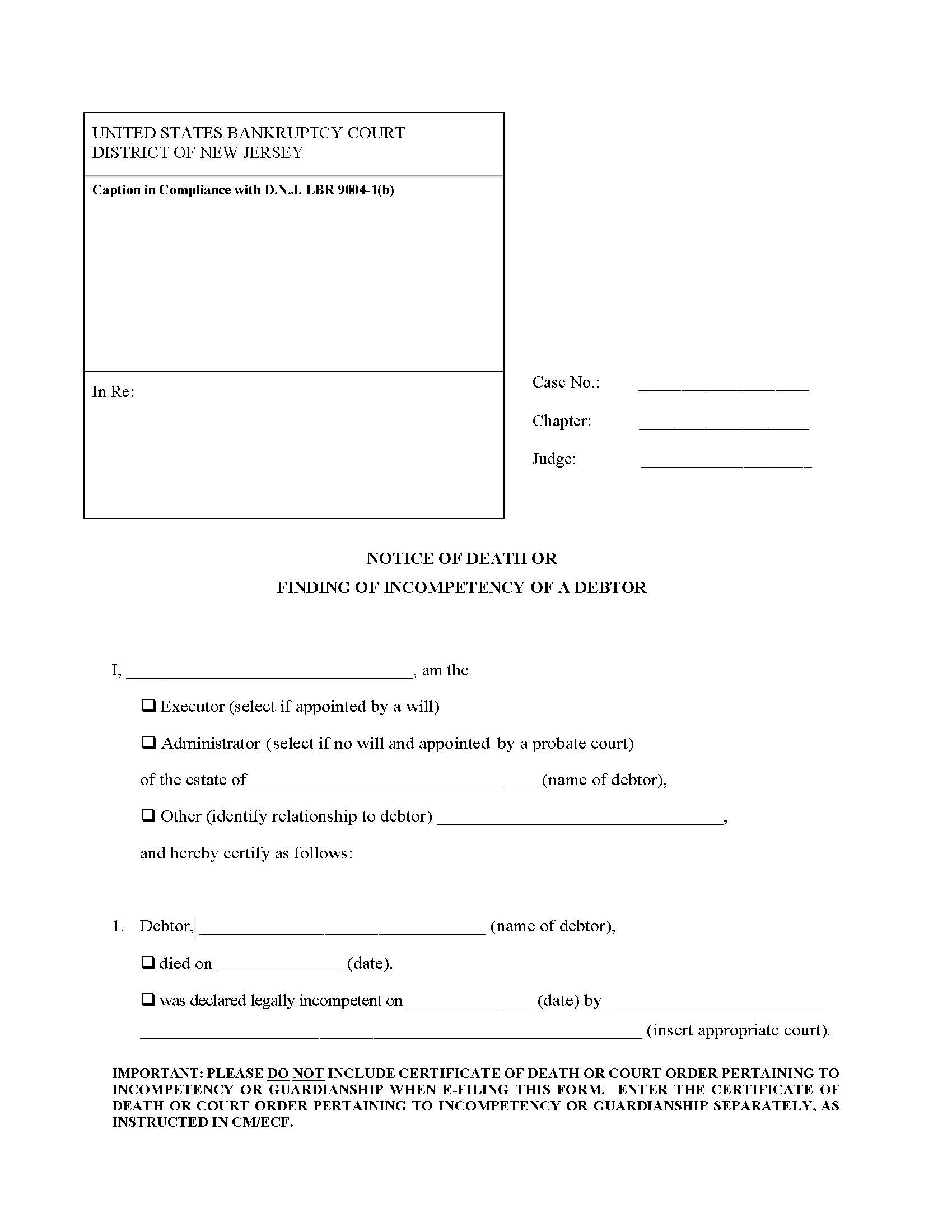 Notice Of Death Or Finding Of Incompetency Of Debtor {NJB NoD-I} | Pdf Fpdf Docx | New Jersey