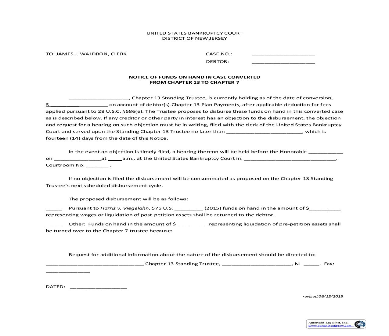 Notice Of Funds On Hand In Case Converted From Chapter 13 To Chapter 7 | Pdf Fpdf Doc Docx | New Jersey