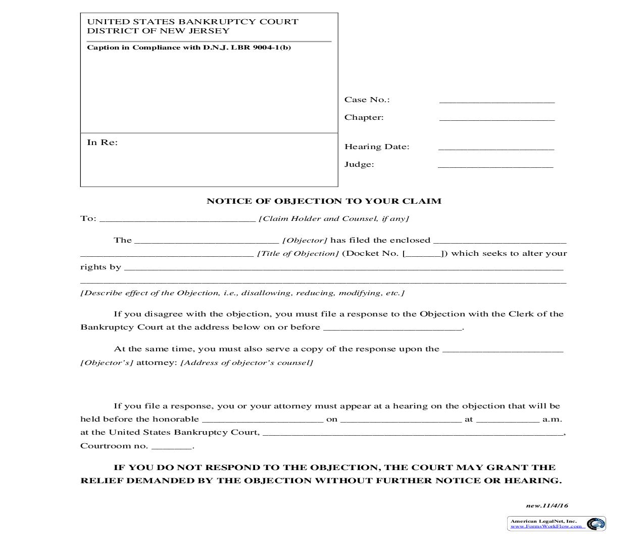 Notice Of Objection To Your Claim {NJB NOC} | Pdf Fpdf Doc Docx | New Jersey