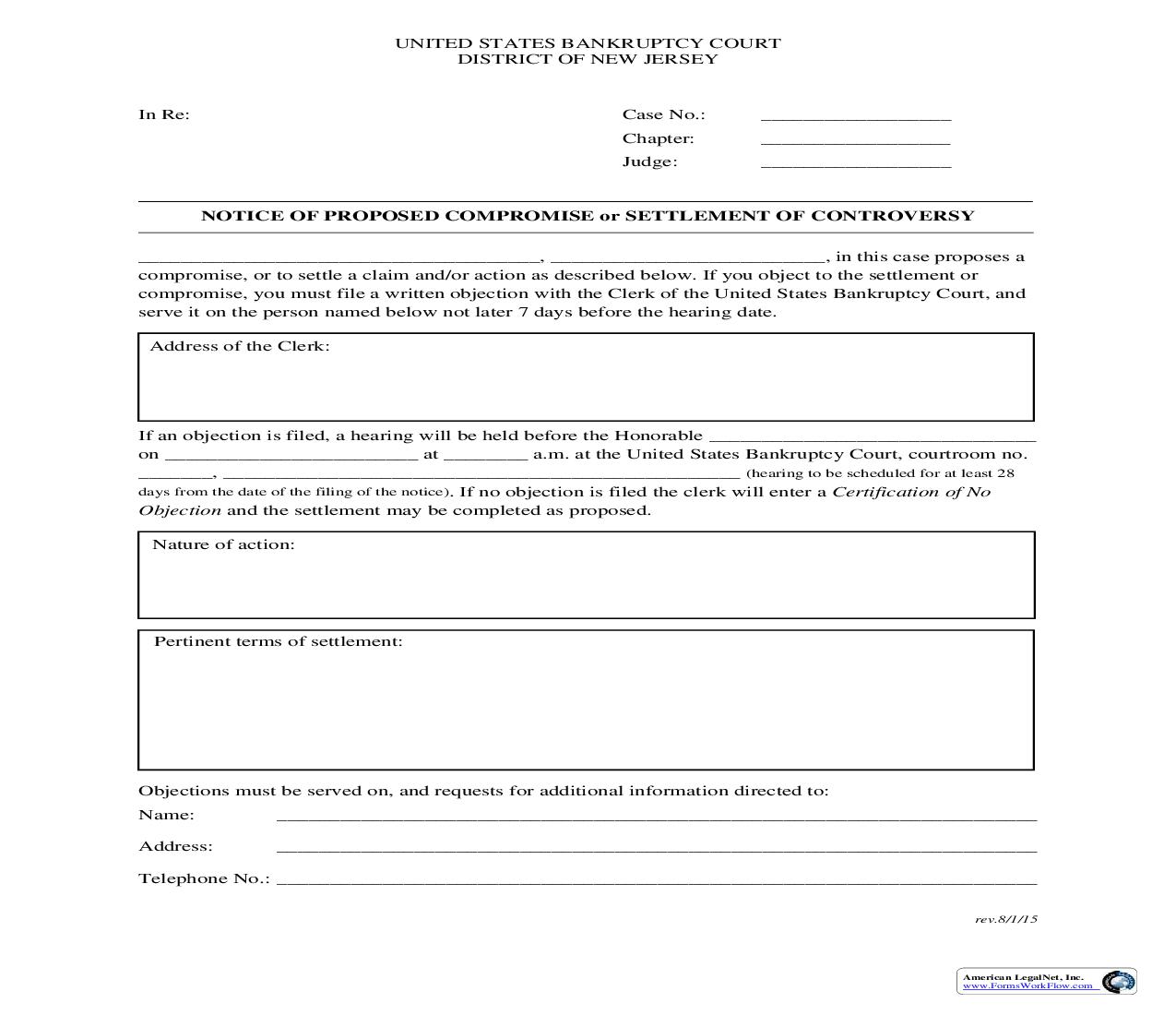 Notice Of Proposed Compromise Or Settlement Of Controversy | Pdf Fpdf Doc Docx | New Jersey