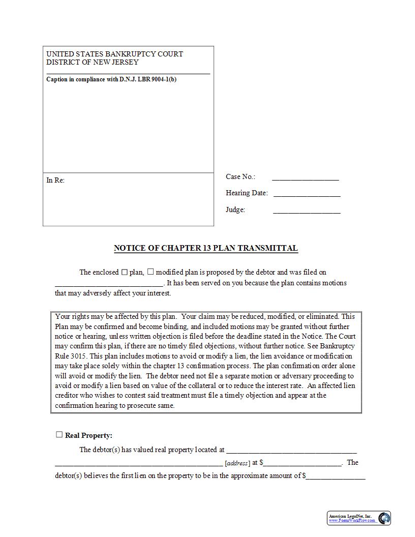 Notice of Chapter 13 Plan Transmittal {NJB 13PT} | Pdf Fpdf Docx | New Jersey
