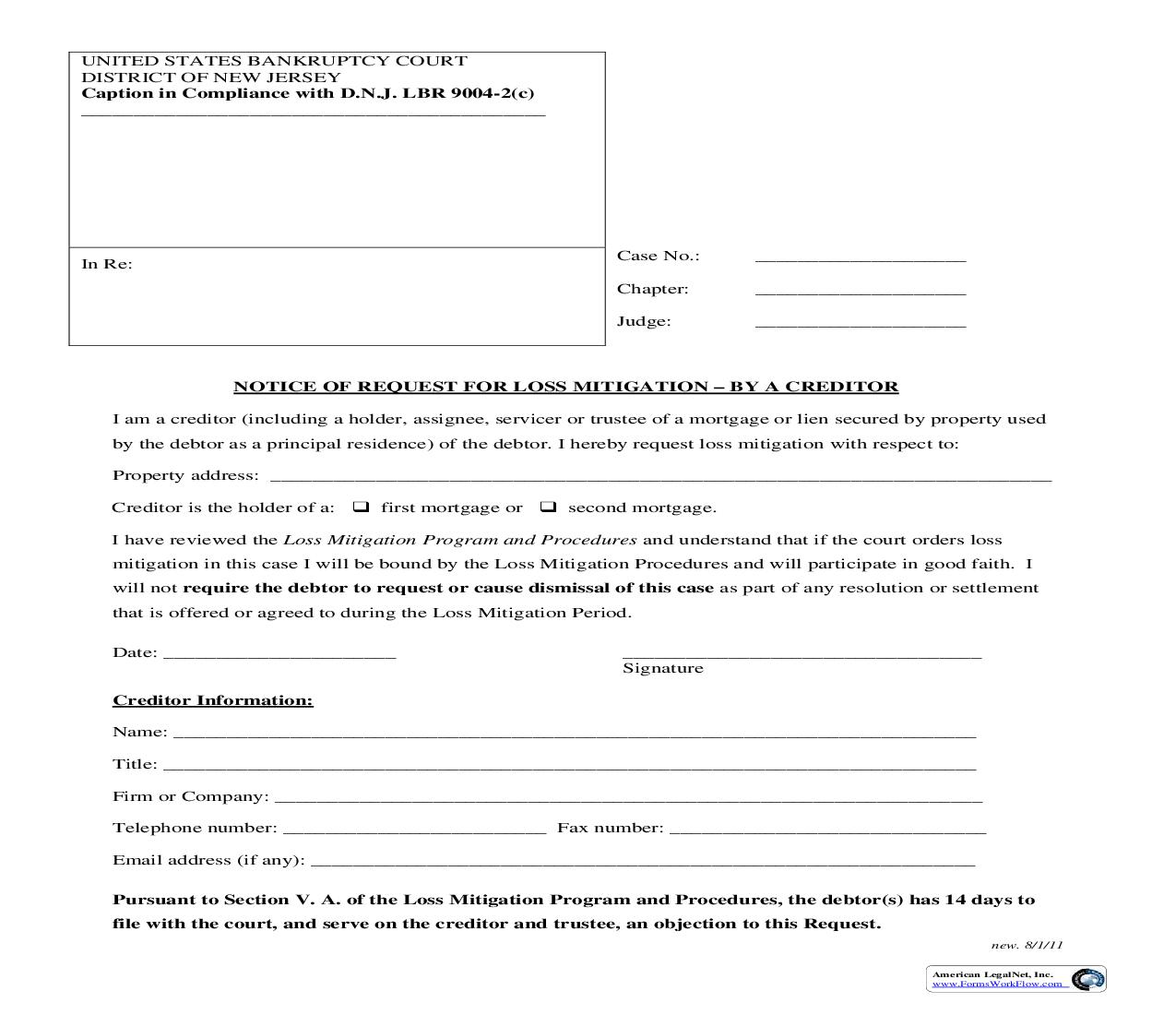 Notice of Request for Loss Mitigation – By Creditor (NJB NRLMC) | Pdf Fpdf Doc Docx | New Jersey