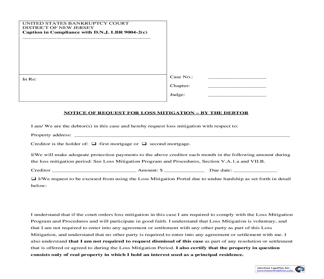Notice of Request for Loss Mitigation – By Debtor (NJB NRLMD) | Pdf Fpdf Doc Docx | New Jersey