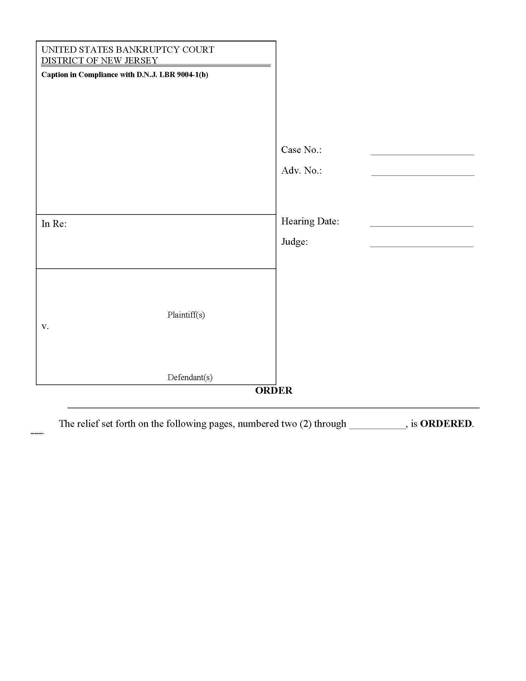 Order (Blank Adversary Proceeding) {NJB BAP} | Pdf Fpdf Docx | New Jersey