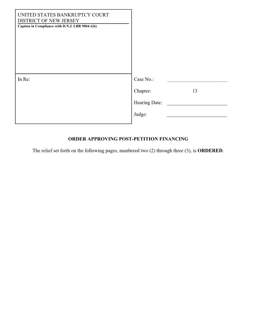 Order Approving Post-Petition Financing {NJB OAPPF} | Pdf Fpdf Docx | New Jersey