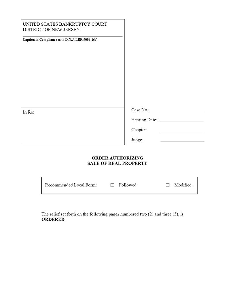 Order Authorizing Sale Of Real Property {NJB OASRP} | Pdf Fpdf Docx | New Jersey