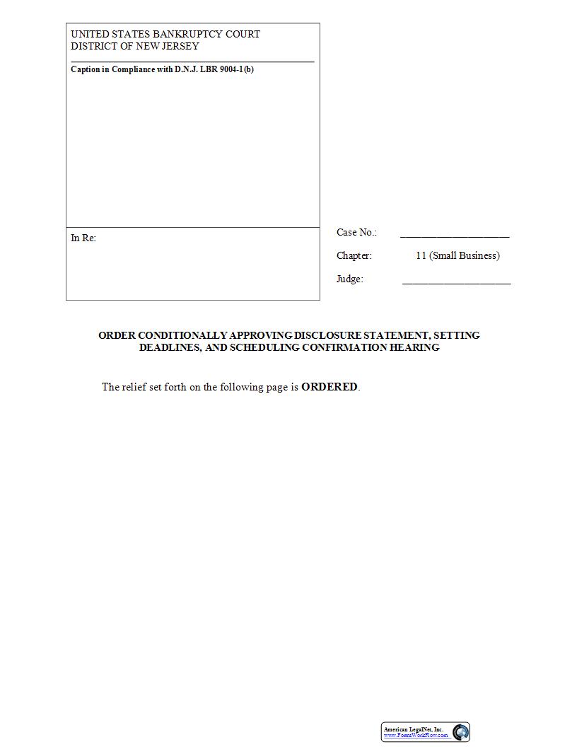 Order Conditionally Approving Disclosure Statement Small Business {NJB OCADS} | Pdf Fpdf Docx | New Jersey
