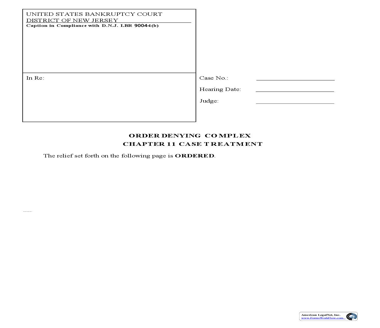 Order Denying Complex Chapter 11 Case Treatment {NJB ODCC!11} | Pdf Fpdf Doc Docx | New Jersey