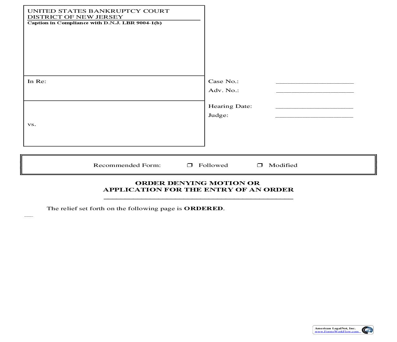 Order Denying Motion Or Application For The Entry Of An Order (ADV) | Pdf Fpdf Doc Docx | New Jersey