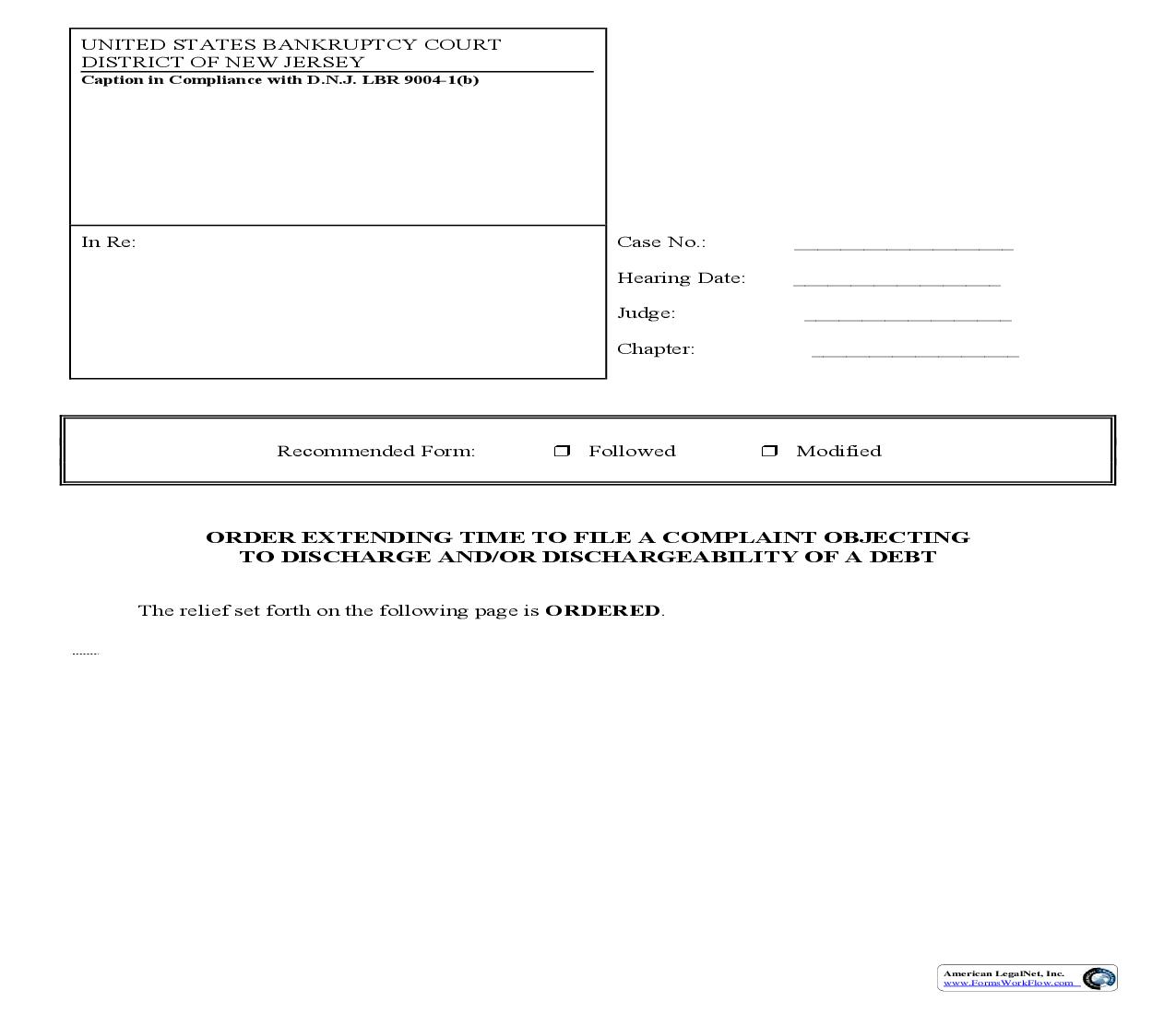 Order Extending Time to File a Complaint Objecting To Discharge | Pdf Fpdf Doc Docx | New Jersey